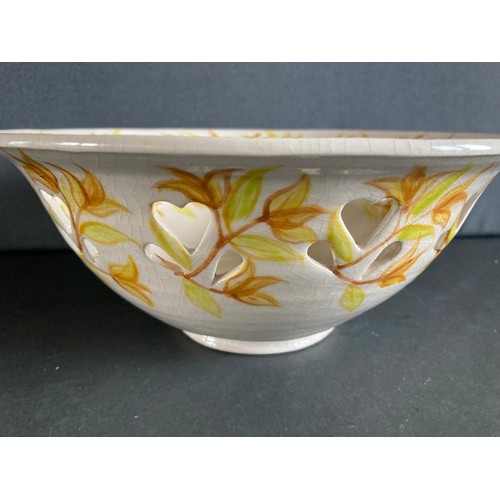 237 - Hand painted glazed ceramic decorative bowl with heart cut out feature,  trademark says HILTON.