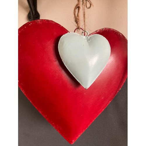 187 - Set of hanging heart glass metal & wood decorations