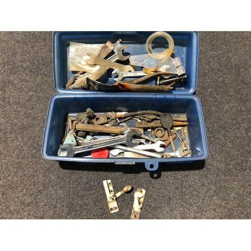 125 - Box of spanners etc including a brass window lock