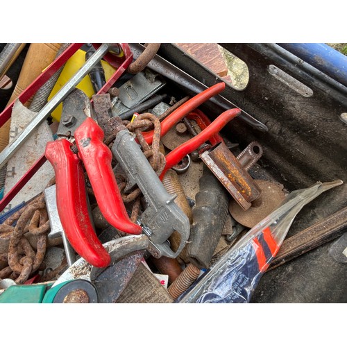 128 - Box of tools including a wide Maples chisel.