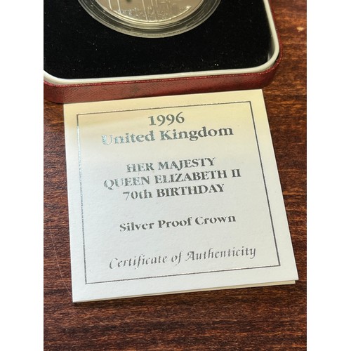 402 - 1996, Queen Elizabeth II, 70th birthday silver proof £5 coin with certificate boxed