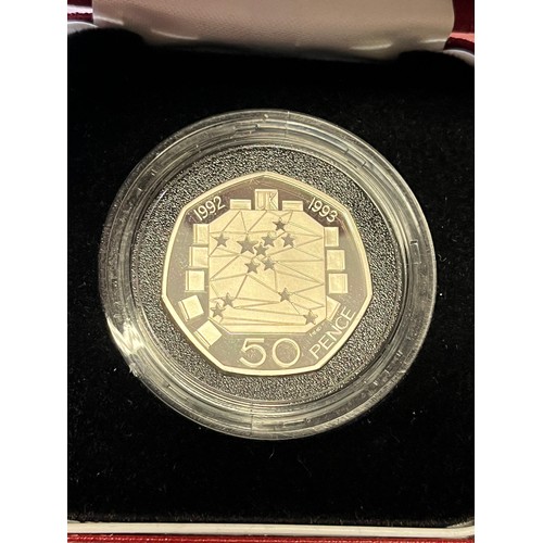 410 - 1992 to 1993 silver proof piedfort. 50p coin boxed with certificate