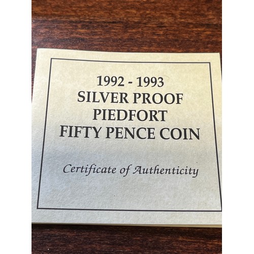 410 - 1992 to 1993 silver proof piedfort. 50p coin boxed with certificate