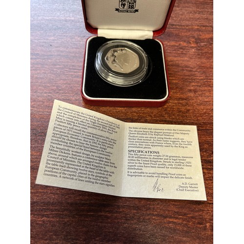 410 - 1992 to 1993 silver proof piedfort. 50p coin boxed with certificate