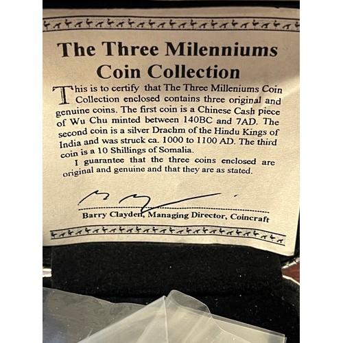 425 - The three millennium coins, as selected by Coincraft. includes Wu Chu cash piece 140 BC - 7AD, a sil... 