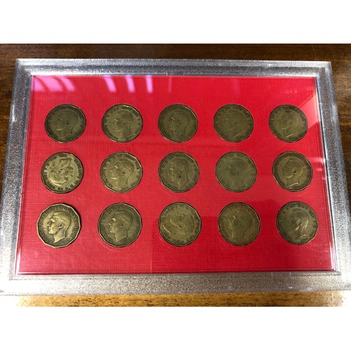 467 - Complete set of GRVI brass threepence  from coronation 1937 to death 1953 set in plastic case uncirc... 