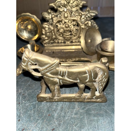 543 - Brass inkwell with letter stand also another horse example,