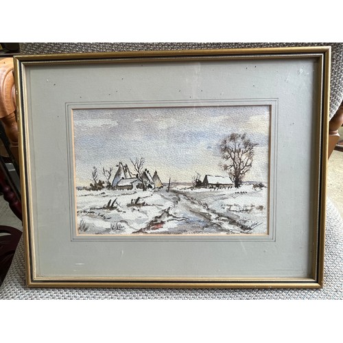 Mark Tarleton signed pen and ink picture of Kent Farm in Winter.