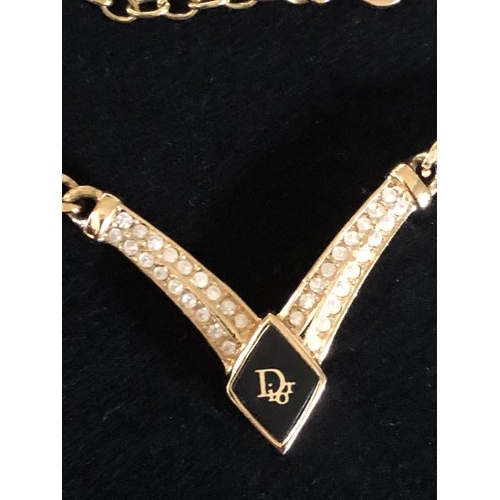 62 - CHRISTIAN DIOR Logo Vintage Gold Plated x Rhinestone Women's Necklace 16”- 18”