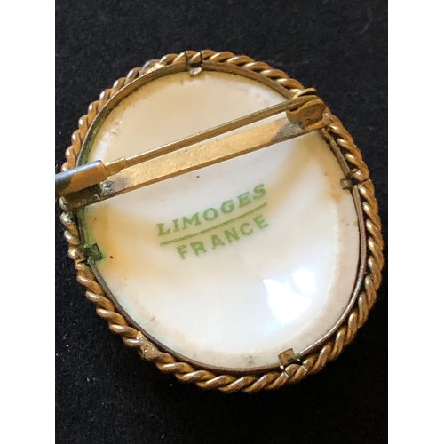 42 - Pretty Limoges France convex hand painted porcelain brooch set in a ropework gold plated frame with ... 