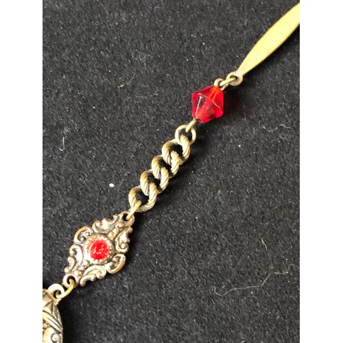 61 - 1920's Edwardian silver plated chain with a bright vermilion red crystal paste briolette suspended f... 