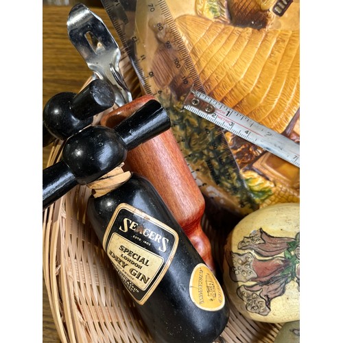 128 - Basket with wall plate cork screws and pretty painted stones etc