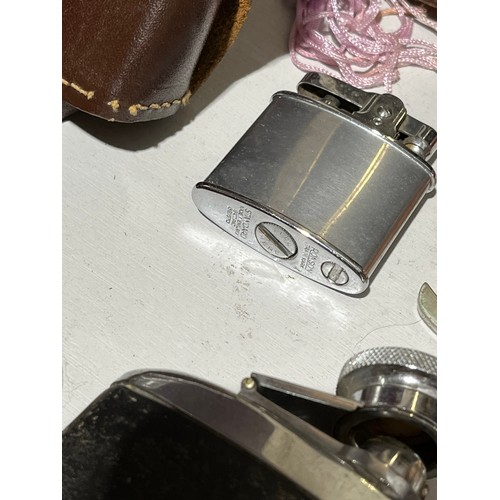 137 - Ilford Sportsman German camera along with a set of scales, opera glasses, nail clippers, a fan , fla... 