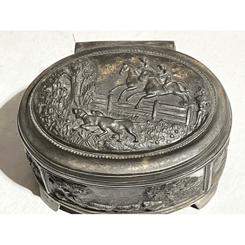 138 - White metal trinket dish with Hunting scenes