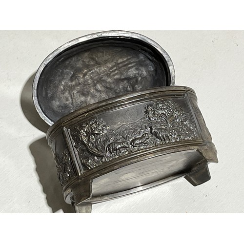 138 - White metal trinket dish with Hunting scenes