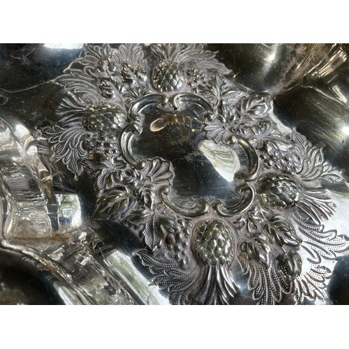 179 - Interesting fancy decorated silver plated handled serving tray with Reg. No. 497583 and old Sheffiel... 