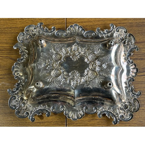 179 - Interesting fancy decorated silver plated handled serving tray with Reg. No. 497583 and old Sheffiel... 