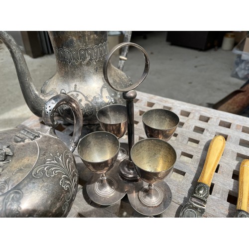 185 - Victorian silver plated coffee pot, teapot, egg stand and cutlery