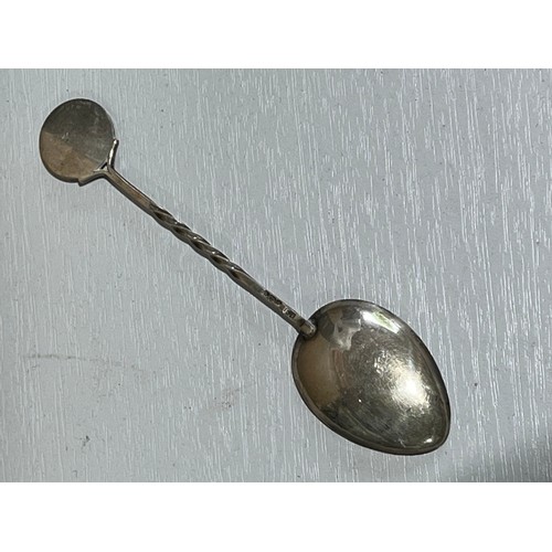 199 - Solid silver teaspoon. RB Birmingham Lion N date letter. With golfing scene.