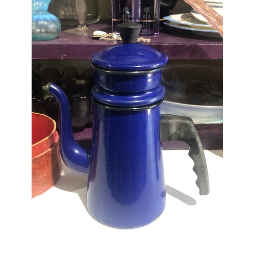 360 - Rare blue enamelware coffee pot with strainer and lid