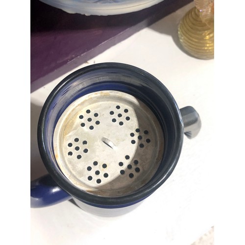 360 - Rare blue enamelware coffee pot with strainer and lid