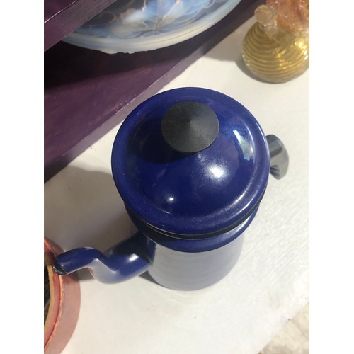 360 - Rare blue enamelware coffee pot with strainer and lid