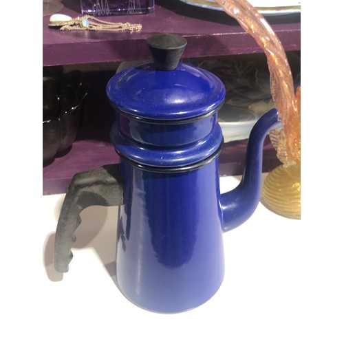 360 - Rare blue enamelware coffee pot with strainer and lid