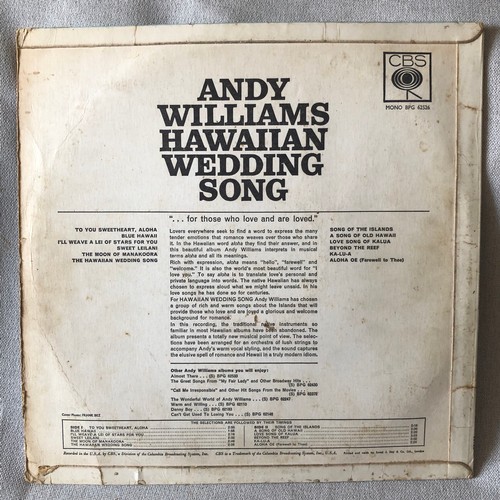 68 - Andy Williams. Hawaiian wedding song. CBS mono  BPG 62526