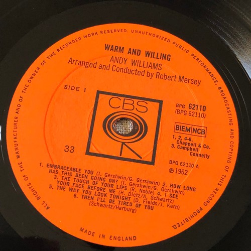 312 - Andy Williams. Warm and Willing. CBS Mono BPG 62110