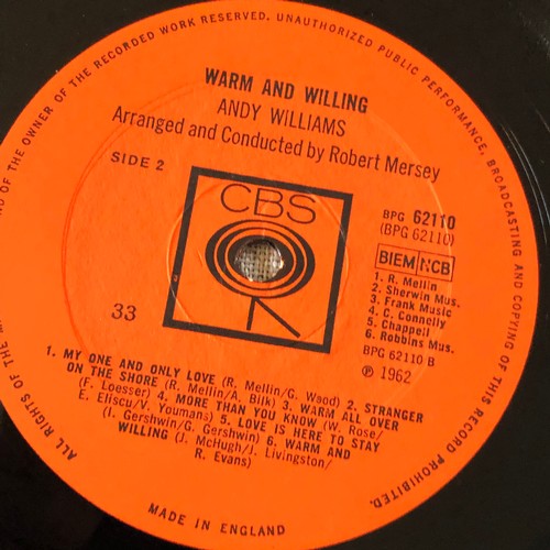 312 - Andy Williams. Warm and Willing. CBS Mono BPG 62110