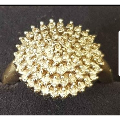 36 - 1 carat Vintage 9ct yellow gold diamond cluster ring size P-Q.