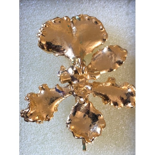 38 - Risis 24ct gold plated orchid flower brooch with a petal missing