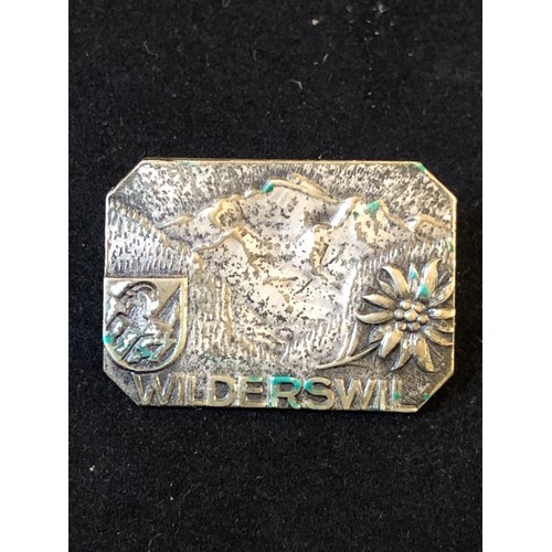 55 - 1930's Art Deco style white metal badge made by the famous company of Huguenin of Switzerland. Marke... 