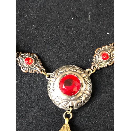 57 - 1920's Edwardian silver plated chain with a bright vermilion red crystal paste briolette suspended f... 