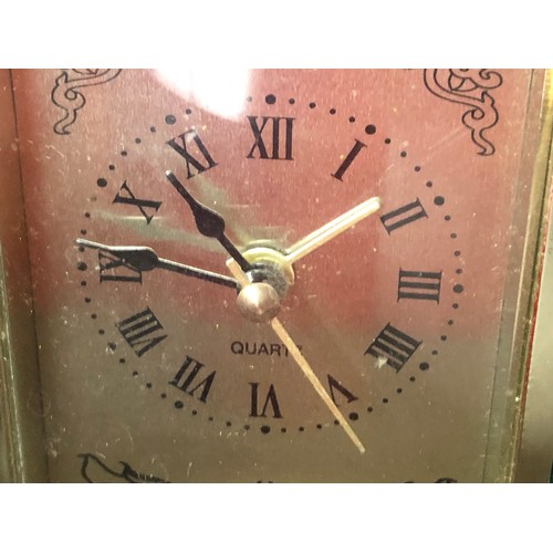 91 - Emirates Bank paperweight clock, plastic carriage clock, digital clock and a combination Mahogany se... 