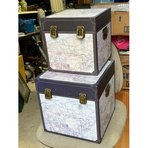 107 - 2 atlas map covered modern storage boxes.