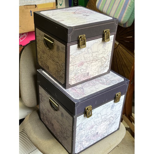 107 - 2 atlas map covered modern storage boxes.