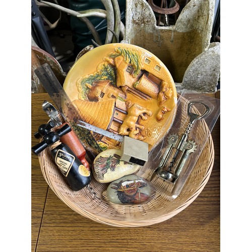 126 - Basket with wall plate cork screws and pretty painted stones etc