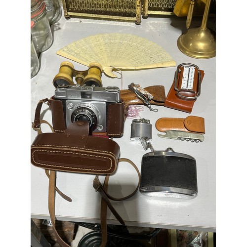 135 - Ilford Sportsman German camera along with a set of scales, opera glasses, nail clippers, a fan , fla... 