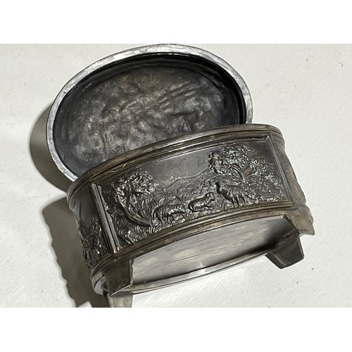 136 - White metal trinket dish with Hunting scenes