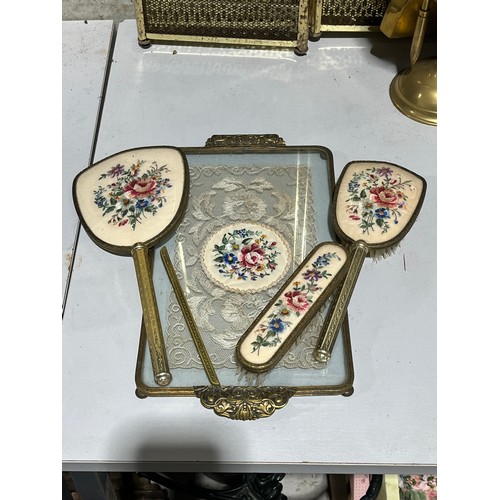 138 - Embroidery and lace antique floral ladies brush set.