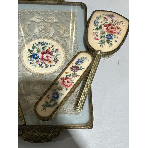 138 - Embroidery and lace antique floral ladies brush set.