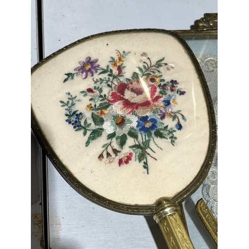 138 - Embroidery and lace antique floral ladies brush set.