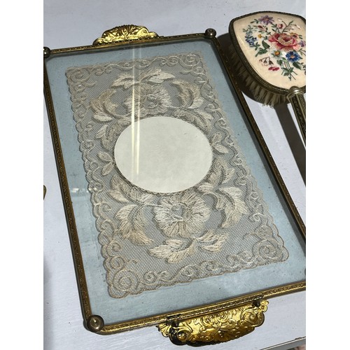138 - Embroidery and lace antique floral ladies brush set.