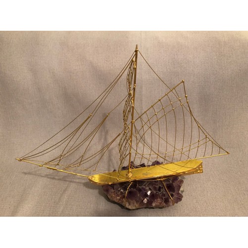 148 - 24 Kt gold plated Italian hand made metal ship on a large Amethyst crystal specimen