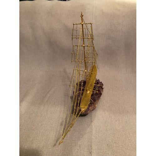 148 - 24 Kt gold plated Italian hand made metal ship on a large Amethyst crystal specimen