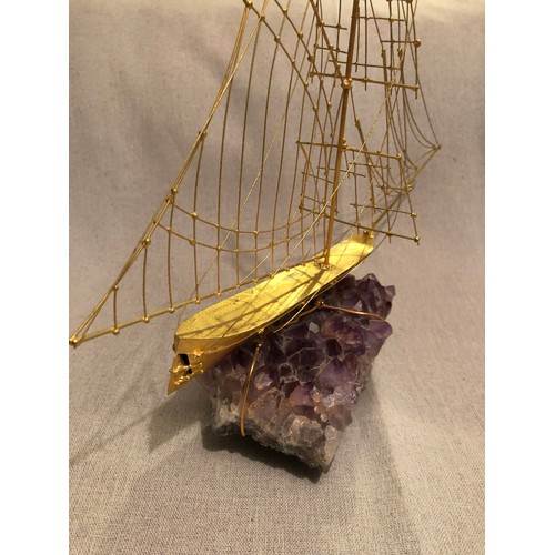 148 - 24 Kt gold plated Italian hand made metal ship on a large Amethyst crystal specimen