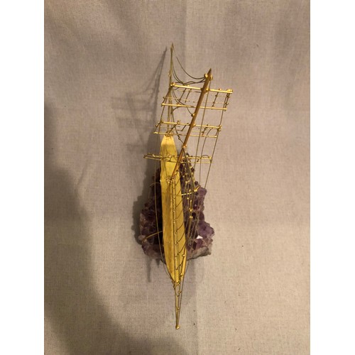 148 - 24 Kt gold plated Italian hand made metal ship on a large Amethyst crystal specimen