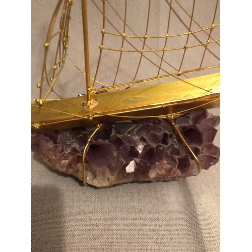 148 - 24 Kt gold plated Italian hand made metal ship on a large Amethyst crystal specimen