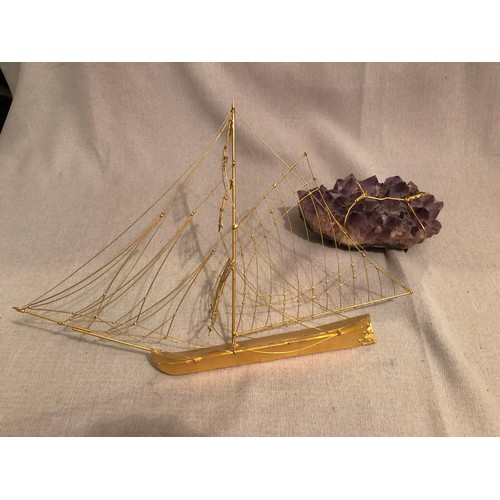 148 - 24 Kt gold plated Italian hand made metal ship on a large Amethyst crystal specimen